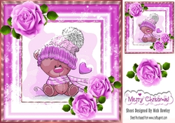 Cute teddy in snow frame with lilac roses 8x8
