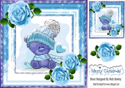 Cute teddy in snow frame  with blue roses 8x8