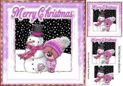 Cute teddy in lilac knitted hat with snowman 8x8