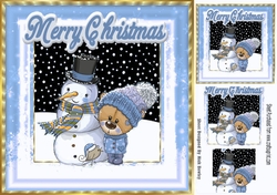 Cute teddy in blue knitted hat with snowman 8x8