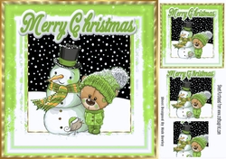 Cute teddy in green knitted hat with snowman 8x8