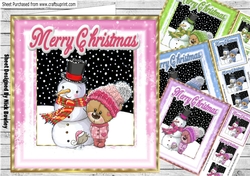  4 Cute teddy bears in knitted hats with snowman card fronts 8x8 mini kit