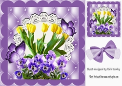 Pretty yellow tulips and purple pansies with butterflies on lace in ornate frame 8x8