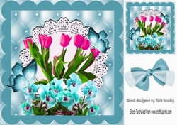Pretty pink tulips and turq pansies with butterflies on lace in ornate frame 8x8