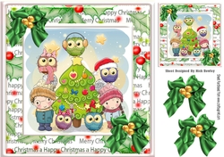 Family of Owls and friends with christmas tree 8x8