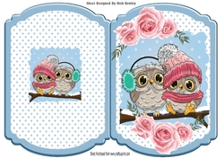 Cute owls on a branch in knitted hats, pink roses & blue star bracket card