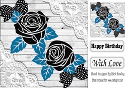 pretty ornate black roses with blue leaves and lace card fronts 8x8