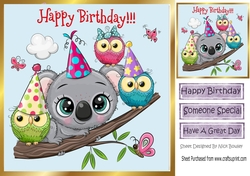 Cute owls on a branch in party hats 8x8