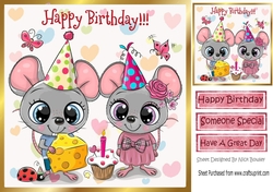 Cute mice in party hats celebrating a birthday 8x8