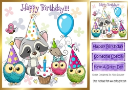 Cute party friends with raccoon & owls celebrating a birthday 8x8