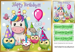 Cute rainbow unicorn with owls partying 8x8