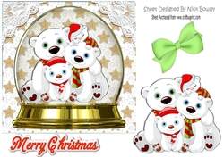 Snow globe with family of polar bears with gold stars 7x7