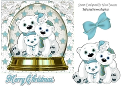 Snow globe with family of polar bears with blue stars 7x7
