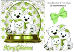 Snow globe with family of polar bears with green stars 7x7