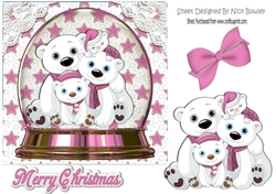 Snow globe with family of polar bears with pink stars 7x7