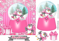 Cute owl in pink snow globe with snowflakes 7x7