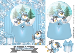Cute owl in blue snow globe with snowflakes 7x7