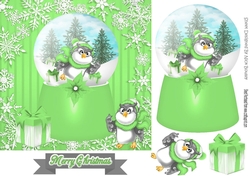 Cute owl in green snow globe with snowflakes 7x7