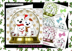  4  lovely Snow globes with family of polar bears card fronts 7x7 mini kit