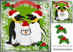 Family of penguins in santa hats with holly 8x8 (green)