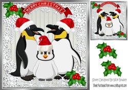 Family of penguins in santa hats with holly 8x8 (silver)