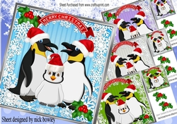 4 lovely Family of penguins in santa hats with holly card fronts 8x8 mini kit