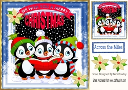 Cute trio of carol singing penguins in snow 8x8