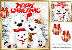 Family of polar bears in snow scene with bauble 8x8
