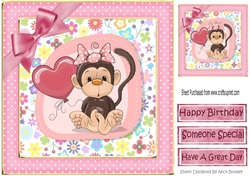 Cute monkey with balloon and pink bow in polkadot frame 8x8