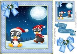 Penguins playing in the snow with pretty blue bow and polkadot frame 8x8