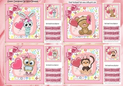  4 Cute animals with balloons  and pink bows in polkadot frames 8x8 mini kit