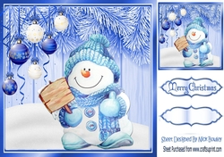Lovely blue Christmas with fern 8x8 card front with baubles & cute snowman