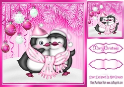 Cerise Christmas with fern 8x8 card front, with snow/baubles/penguins