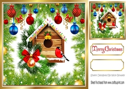  Green Holly and Baubles frame edged with gold card front 8x8 with bird house
