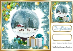 Turq Holly and Baubles frame edged with gold card front with snow globe