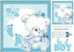 White Bear with blue blanket, footsteps/bottle 8x8