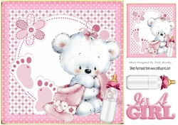 White Bear with pink blanket, footsteps/bottle 8x8 (girl)
