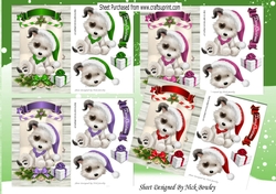 4 Cute white puppies in santa hats on a scroll A5 card fronts mini kit