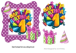1st Birthday in funky purple polkadot frame with present