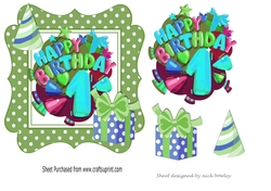 1st Birthday in funky green polkadot frame with present