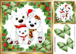 Cute family of polar bears in holly frame with bows 8x8