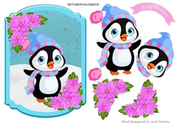 Cute penguin in hat and scarf with poinsettias topper