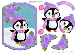 Cute penguin in hat and scarf with purple poinsettias topper