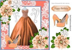 Pretty peach ball gown with flowers and shoes in lace ornate 8x8 frame