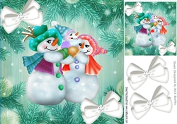 Lovely snowman family in turq fern frame/diamond bows 8x8