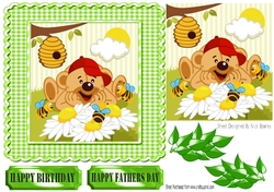 Mr Teddy watching the bees in the garden with leaves card front 7x7 (Green)