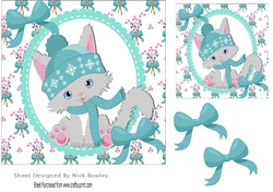 cute kitty in turq in scalloped oval frame with bows 7x7