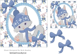 cute kitty in blue in scalloped oval frame with bows 7x7