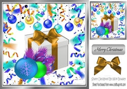 Festive card front 8x8 wih decorations and present with gold bow