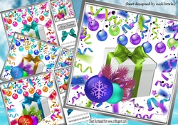  4 lovely Festive card fronts 8x8 wih decorations and present mini kit